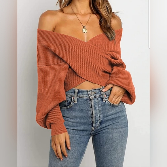 🌞 Casual V Neck Long Sleeve Sweaters Cross Wrap - Picture 2 of 4